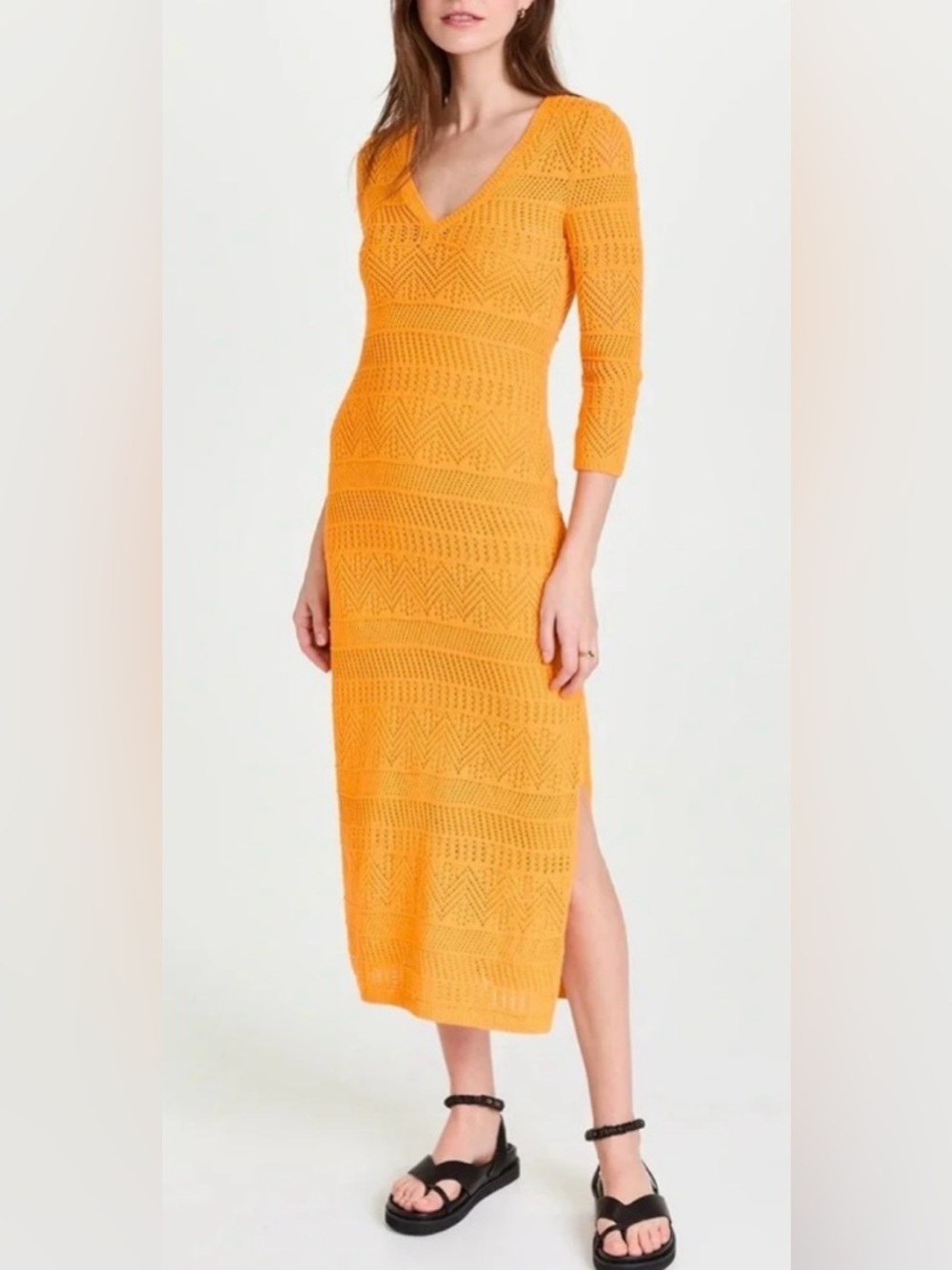 rag & bone Orange Renee Pointelle V-Neck Chrochet Midi Dress | S